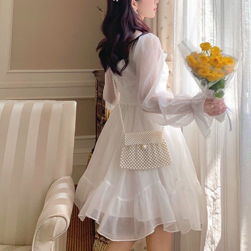 liwuka French Sweet Fairy Lolita Dress Women Long Sleeve Lace Y2k Mini Dress Vintage Kawaii Clothes One Piece Dress Korean  Autumn