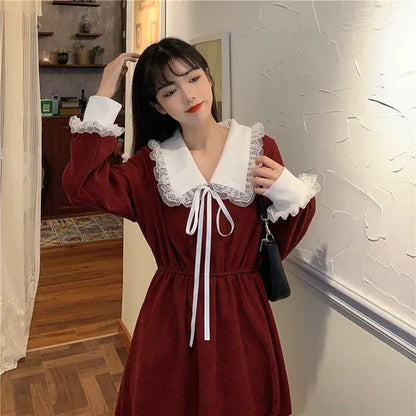 liwuka Vintage Dress Women Sweet Lace Peter Pan Collar French Elegant Long Sleeve Lace-Up Fairy One Piece Dress Korean Autumn Chic