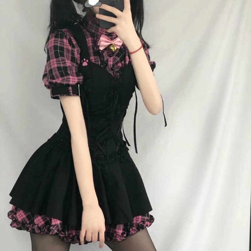 liwuka  Summer Dress Women Kawaii Plaid Lolita Dresses Sweet Pink Patchwork Bow Y2k Sundress Sexy Fashion Short Sleeve Robe