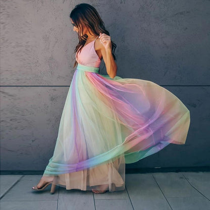 Sexy Long Dress Women Summer Clothes High Waist Sling Deep V-neck Rainbow Mesh Party Beach Dresses Women Streetwear Vestidos