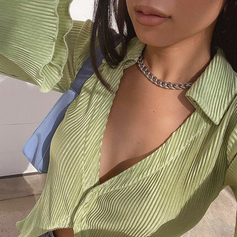 liwuka Green Vintage Flare Sleeve Top Shirt Y2K Button up V Neck Blouse Aesthetic Korean Fashion Streetwear Women's Shirts