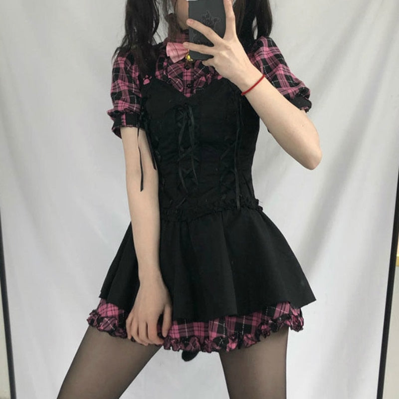 liwuka  Summer Dress Women Kawaii Plaid Lolita Dresses Sweet Pink Patchwork Bow Y2k Sundress Sexy Fashion Short Sleeve Robe