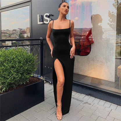 liwuka Backless Sexy Strap Split Summer Dress Women Elastic Long Dresses Sleeveless Camisole Clubwear Evening Party Dress Women's Robe