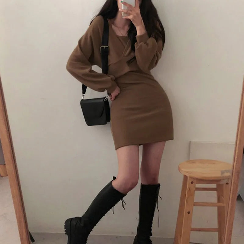 liwuka Sexy Solid Knitted Mini Dress Women Two Piece Set Skinny Dresses and Long Sleeve Knitted Cardigan Harajuku Dress Vestidos