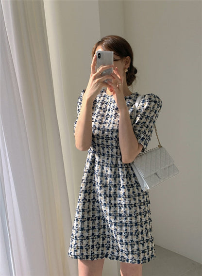 liwuka  Women's Summer Dresses Fashionable High Waist Puff Sleeve Plaid Knitted Elegant Party Dresses Checkered Vintage Dress Women