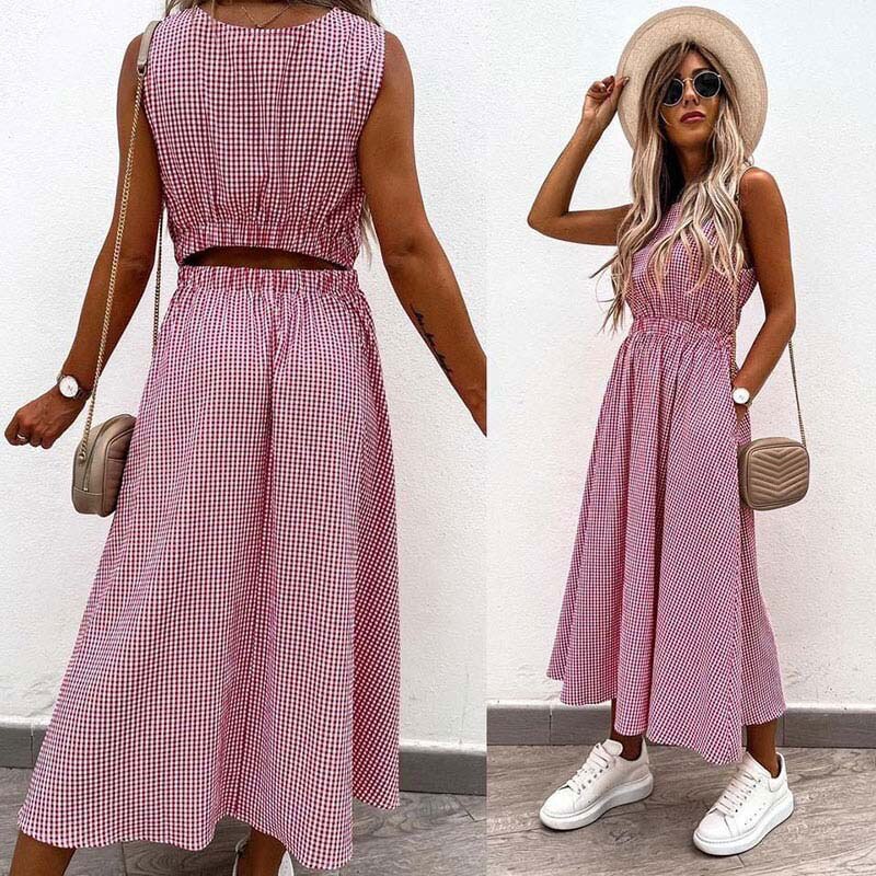 liwuka Elegant Fashion Plaid Print Dress Women Summer Casual Pocket Back A-Line Party Dress Female Sleeveless Loose Beach Dress Mujer