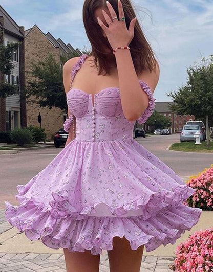 liwuka Purple Floral Pleated Mini Dress Spaghetti Strap A-Line Ruffles Summer Dress Sexy Off Shoulder Backless Birthday Party Dresses