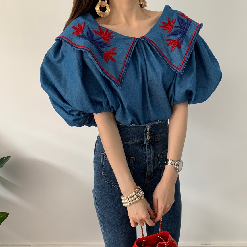 liwuka Vintage Ethnic Style Flower Embroidey Blouses Women Summer Lantern Sleeve Loose Denim Shirt Femme Tops Blusas