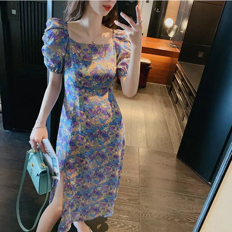 liwuka Floral Print Dress Women Sexy Puff Sleeve Chiffon Party Dress Lady 2020 Summer Elegant Vintage Retro Split Dress Women