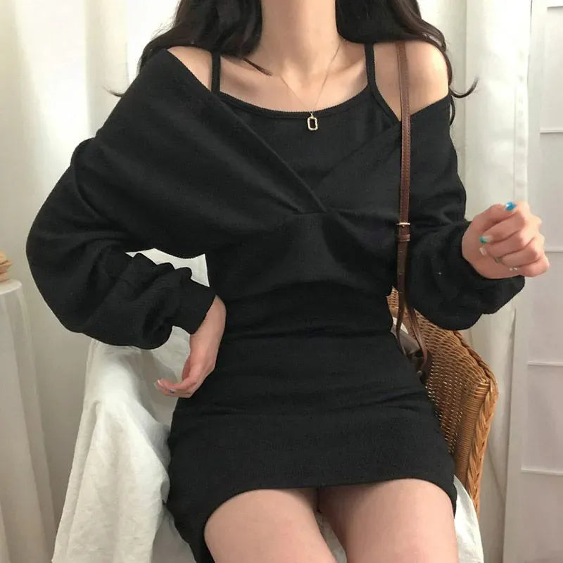 liwuka Sexy Solid Knitted Mini Dress Women Two Piece Set Skinny Dresses and Long Sleeve Knitted Cardigan Harajuku Dress Vestidos