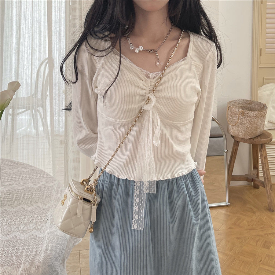 liwuka Autumn White Kawaii Lolita Female Blouse Lace Japanese Sweet Long Slevee Tops Women Knitted Casual Korean Designer Clothing