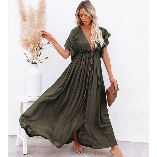 liwuka   Sexy Boho Dress Beach Cover Up Kaftan Women Long Beachwear Solid V Neck Ladies Holiday Dress Robe Plage Sarong Beach Pareos