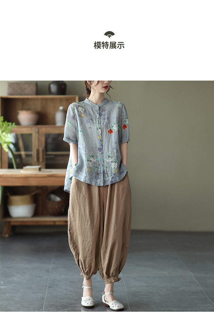 liwuka Women Cotton Linen Casual Shirts New Arrival Summer Vintage Floral Print Loose Female Short Sleeve Tops