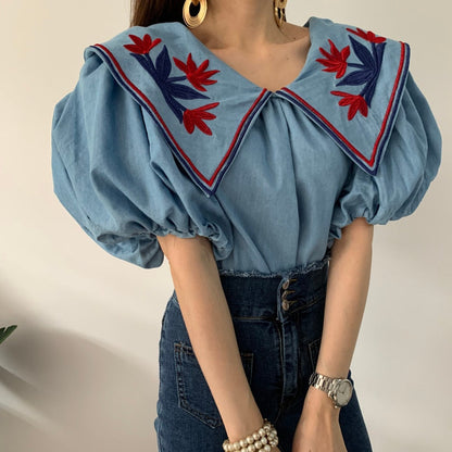 liwuka Vintage Ethnic Style Flower Embroidey Blouses Women Summer Lantern Sleeve Loose Denim Shirt Femme Tops Blusas