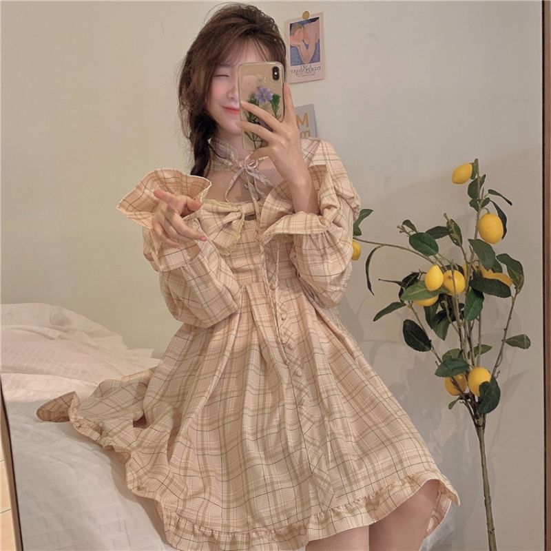 liwuka  Plaid Dress Kawaii Preppy Style Lolita Dresses Women Long Sleeve Bow Princess Square Collar Spring Autumn Sweet Outfits