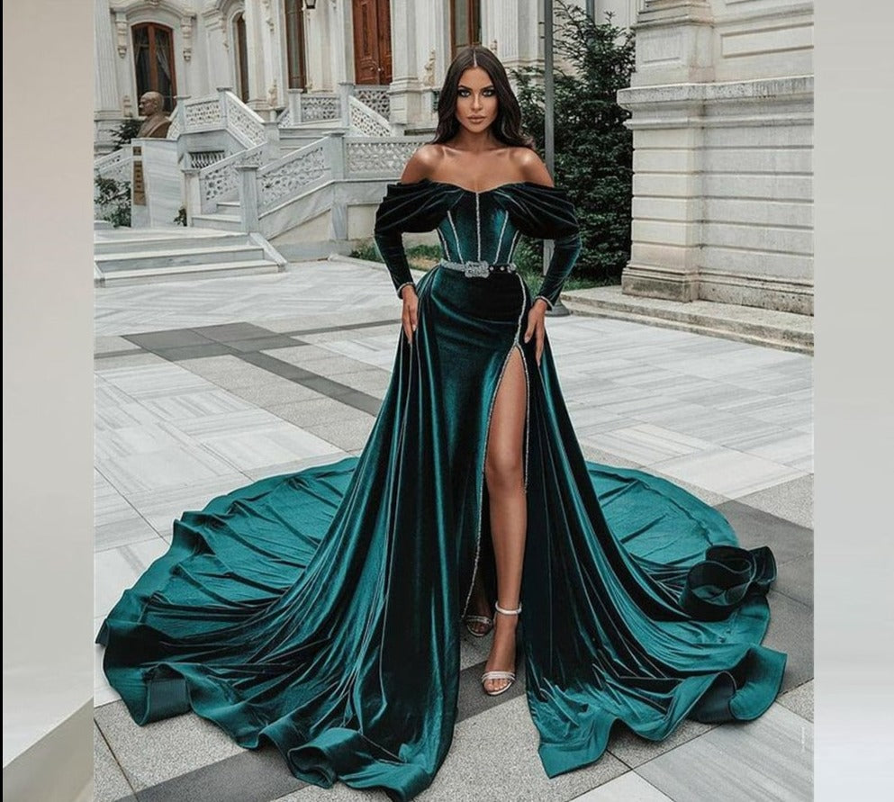 liwuka Eightree Royal Green Long Off  Shoulder Caftan Evening Dresses Detachable Train Velvet Side Long Sleeve Slit Evening Party Gowns