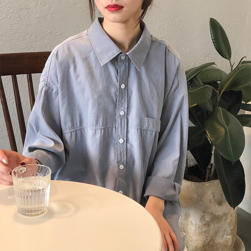 liwuka Minimalist Loose White Shirts for Women Turn-down Collar Solid Female Shirts Tops Spring Summer Blouses