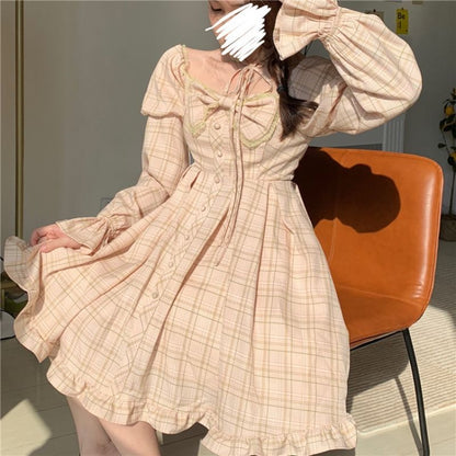 liwuka  Plaid Dress Kawaii Preppy Style Lolita Dresses Women Long Sleeve Bow Princess Square Collar Spring Autumn Sweet Outfits