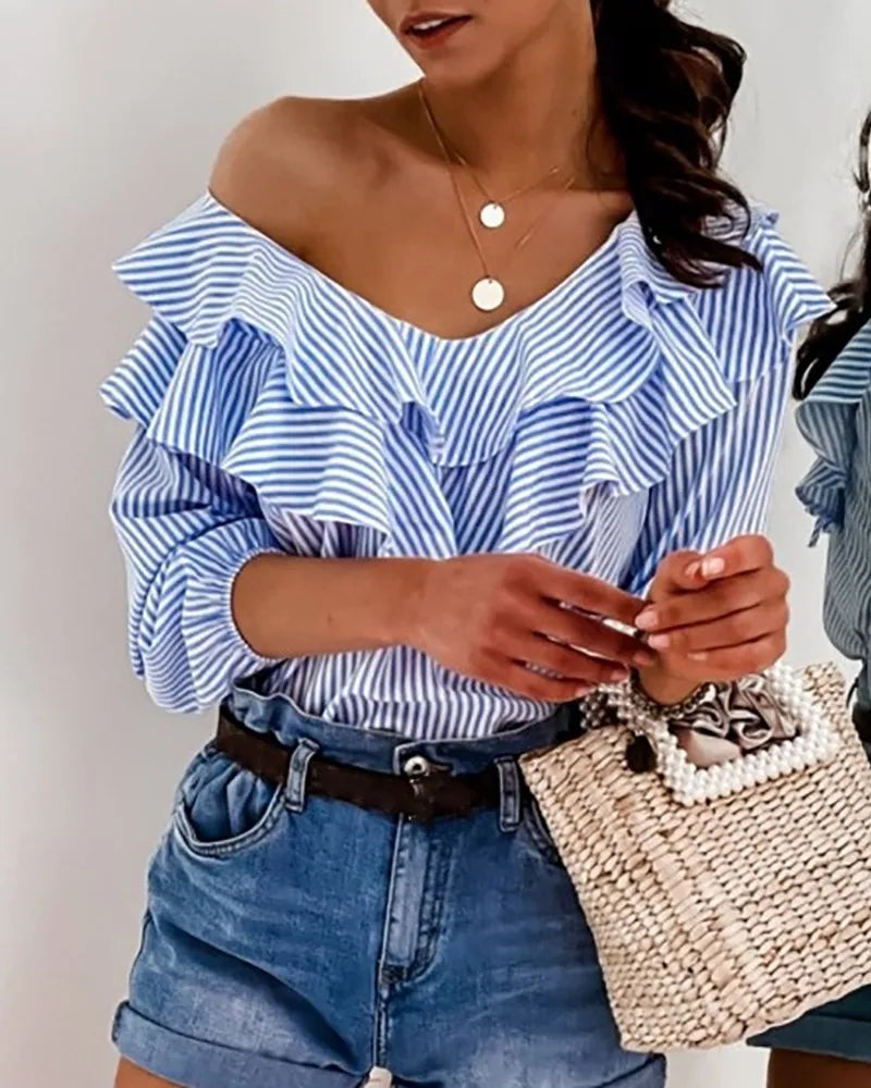 liwuka New Blue Striped Ruffles Collar Blouse for Women Summer Tops Office Lady Half Sleeve V-Neck Shirts Elegant Women Blouse