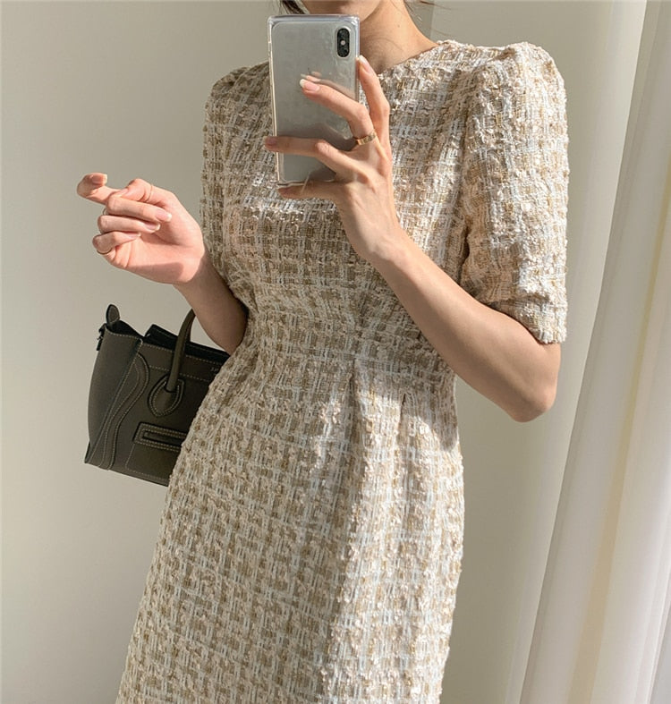 liwuka  Women's Summer Dresses Fashionable High Waist Puff Sleeve Plaid Knitted Elegant Party Dresses Checkered Vintage Dress Women