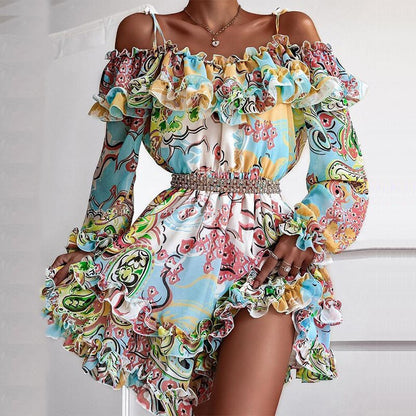 liwuka Sexy Off Shoulder Ruffle Mini Dresses Women Elegant Slash Neck Summer Beach Dress Casual Vintage Floral Print Ladies Party Dress