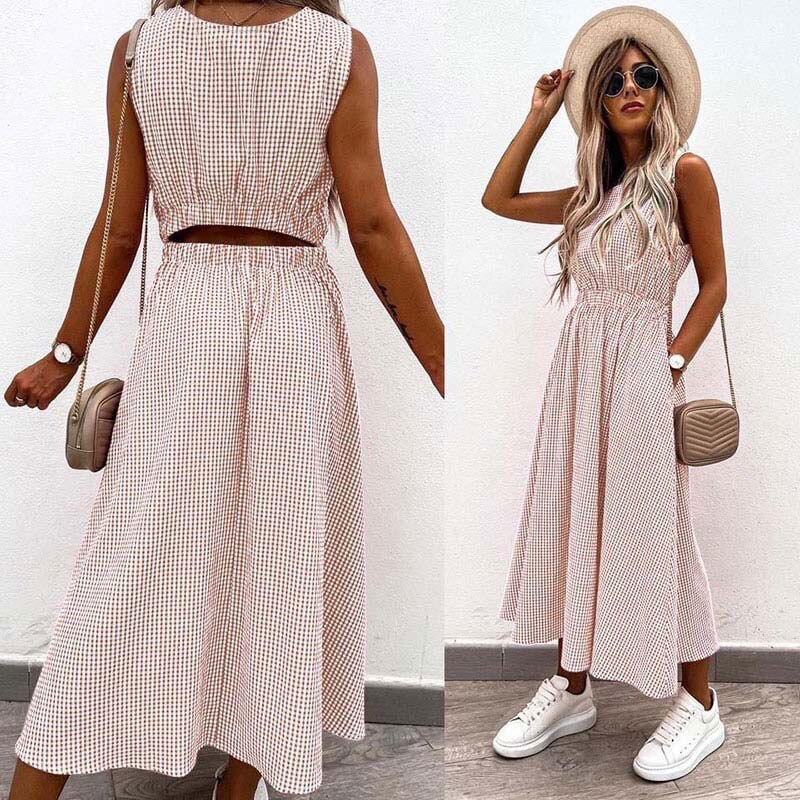 liwuka Elegant Fashion Plaid Print Dress Women Summer Casual Pocket Back A-Line Party Dress Female Sleeveless Loose Beach Dress Mujer