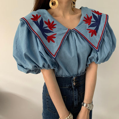 liwuka Vintage Ethnic Style Flower Embroidey Blouses Women Summer Lantern Sleeve Loose Denim Shirt Femme Tops Blusas