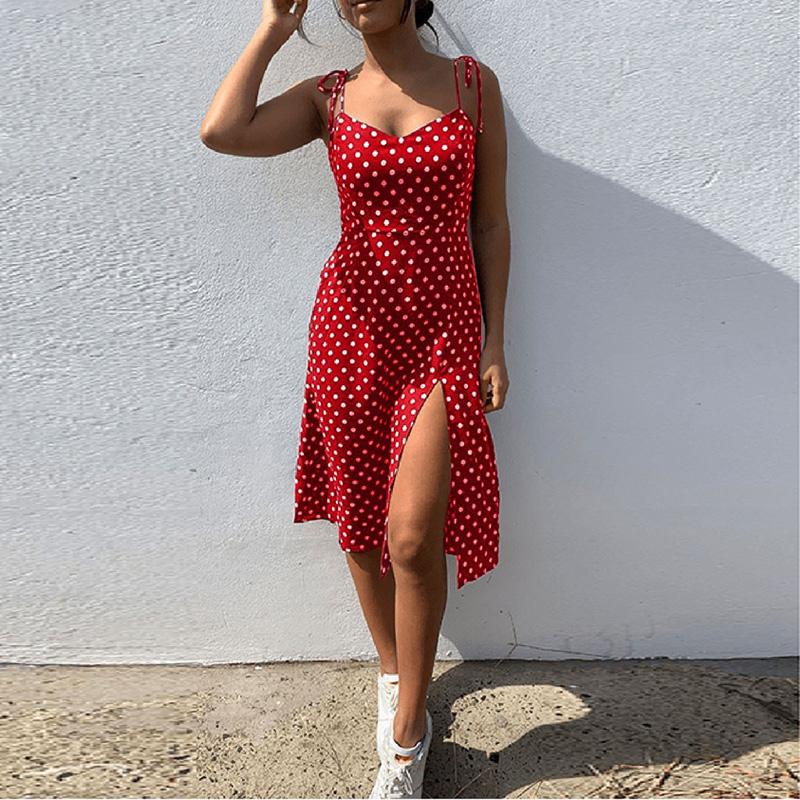 liwuka Dresses Sundress Summer Women Causal Polka Dot Sleeveless High Pleated elastic waist V-Neck Beach Dress Vestidos De Verano