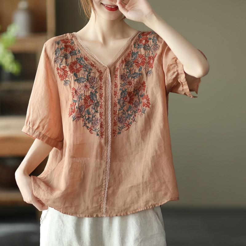 liwuka Women Summer Cotton Linen Casual T-shirts New Vintage Style V-neck Embroidery Loose Female Short Sleeve Tops Tees