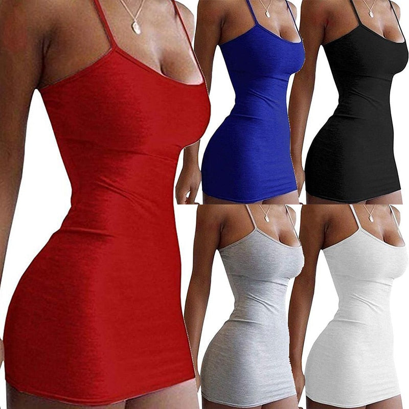 liwuka Fashion Stretch Mini Dress Women Sexy Straps Slim Fit Bodycon Party Vestidos Spaghetti Straps Dress Summer Solid Sling Dreses