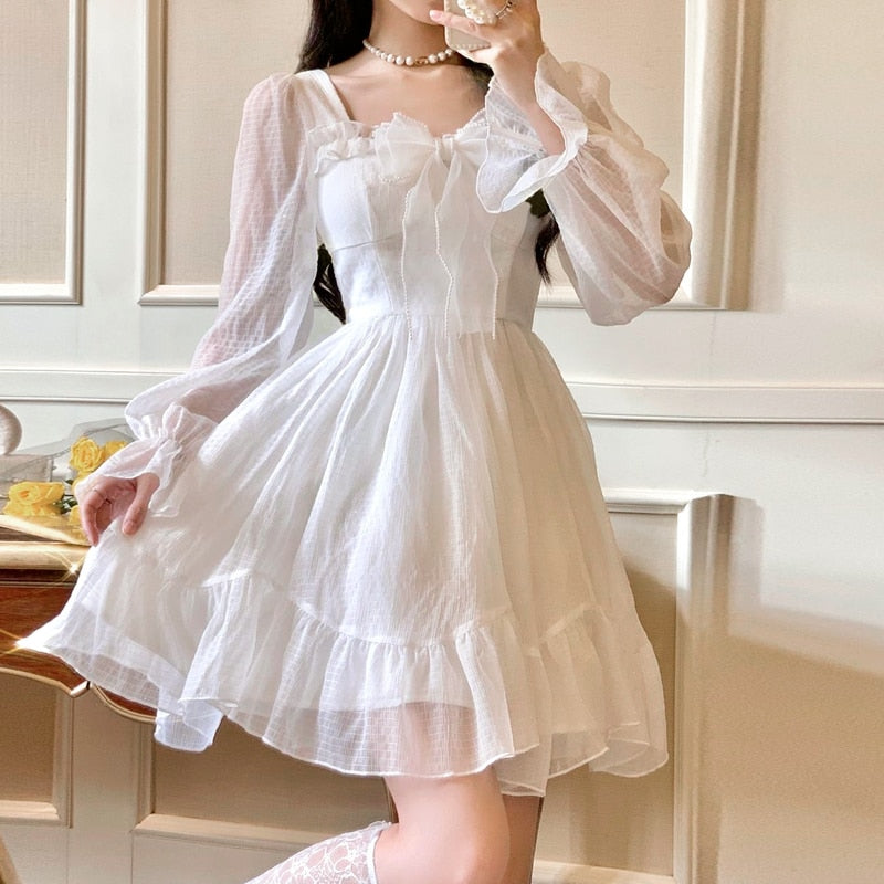 liwuka French Sweet Fairy Lolita Dress Women Long Sleeve Lace Y2k Mini Dress Vintage Kawaii Clothes One Piece Dress Korean  Autumn