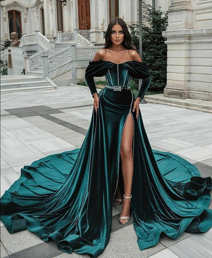 liwuka Eightree Royal Green Long Off  Shoulder Caftan Evening Dresses Detachable Train Velvet Side Long Sleeve Slit Evening Party Gowns