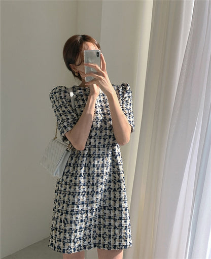 liwuka  Women's Summer Dresses Fashionable High Waist Puff Sleeve Plaid Knitted Elegant Party Dresses Checkered Vintage Dress Women