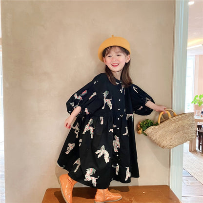 liwuka  Spring autumn kids colorful pony printing oversized long dress for girls cotton loose puff sleeve high quality dresses