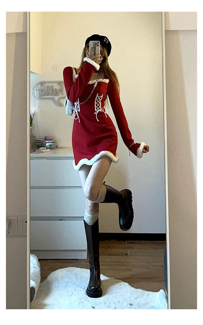 liwuka  Winter Sweet Christmas Dress Women Red Kawaii Lolita Party Mini Dresses Warm Korean Night Dresses Ladies Festival Clothing