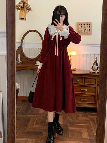 liwuka Vintage Dress Women Sweet Lace Peter Pan Collar French Elegant Long Sleeve Lace-Up Fairy One Piece Dress Korean Autumn Chic