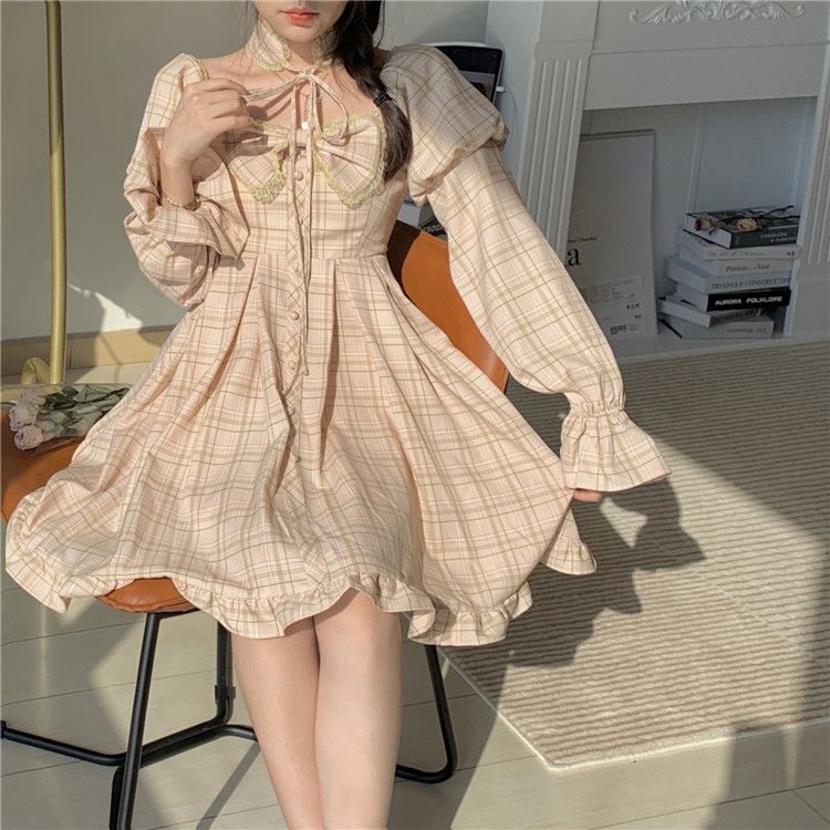 liwuka  Plaid Dress Kawaii Preppy Style Lolita Dresses Women Long Sleeve Bow Princess Square Collar Spring Autumn Sweet Outfits