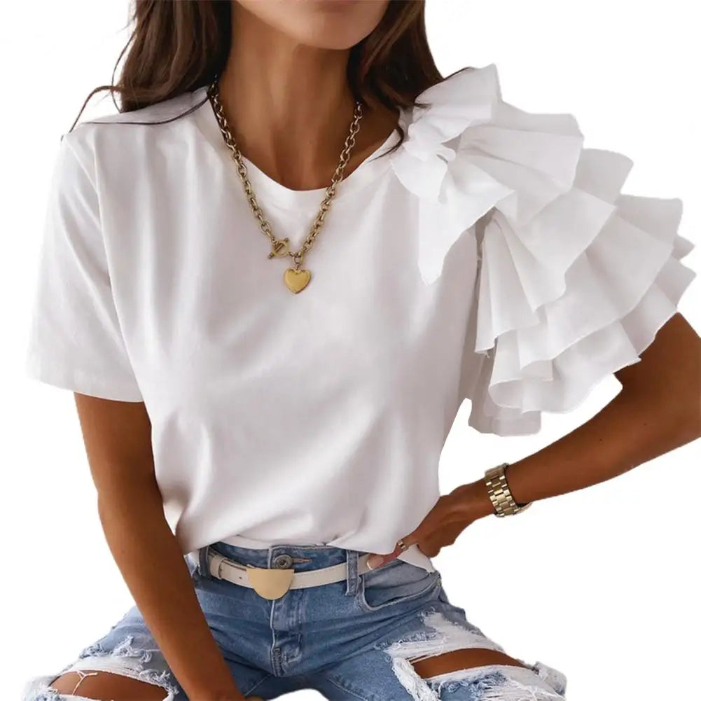 liwuka Fashion Women Blouse Elegant Fashion Solid Color Layered Ruffle Short Sleeve Asymmetric Loose Top Summer Blouses