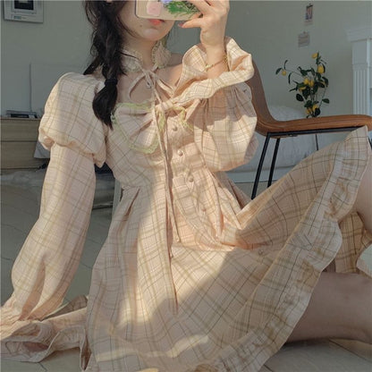 liwuka  Plaid Dress Kawaii Preppy Style Lolita Dresses Women Long Sleeve Bow Princess Square Collar Spring Autumn Sweet Outfits