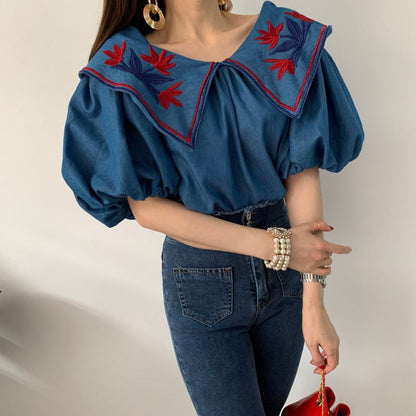 liwuka Vintage Ethnic Style Flower Embroidey Blouses Women Summer Lantern Sleeve Loose Denim Shirt Femme Tops Blusas