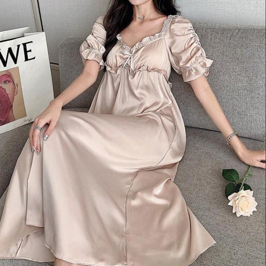 Female Nightgown Elegant Palace Style Princess Long Nightgown Sleepwear Summer Short Sleeve Sleepshirt Satin Silk Home Dress