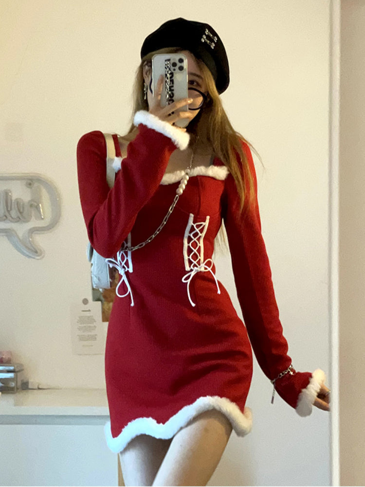 liwuka  Winter Sweet Christmas Dress Women Red Kawaii Lolita Party Mini Dresses Warm Korean Night Dresses Ladies Festival Clothing