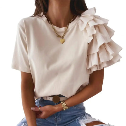 liwuka Fashion Women Blouse Elegant Fashion Solid Color Layered Ruffle Short Sleeve Asymmetric Loose Top Summer Blouses