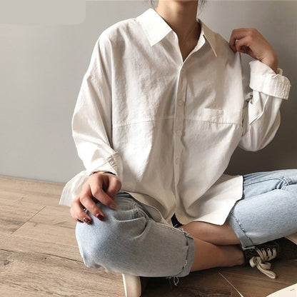 liwuka Minimalist Loose White Shirts for Women Turn-down Collar Solid Female Shirts Tops Spring Summer Blouses