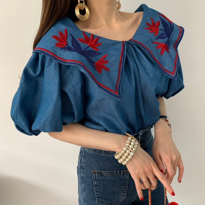 liwuka Vintage Ethnic Style Flower Embroidey Blouses Women Summer Lantern Sleeve Loose Denim Shirt Femme Tops Blusas