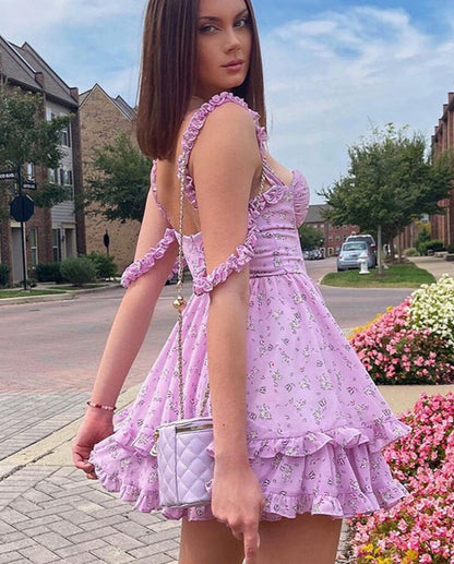 liwuka Purple Floral Pleated Mini Dress Spaghetti Strap A-Line Ruffles Summer Dress Sexy Off Shoulder Backless Birthday Party Dresses