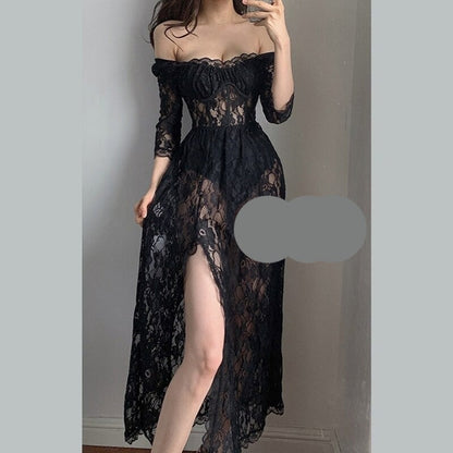 liwuka Boho Korean New Mature Woman Sexy Square Collar Lace Mesh Transparent High Waist Split Goddess Full Sleeve Long Dress Dresses 8P