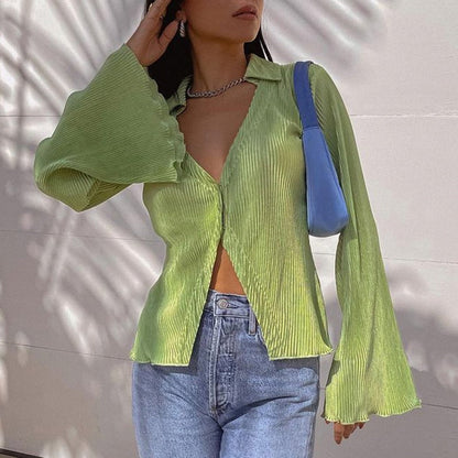 liwuka Green Vintage Flare Sleeve Top Shirt Y2K Button up V Neck Blouse Aesthetic Korean Fashion Streetwear Women's Shirts