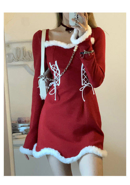 liwuka  Winter Sweet Christmas Dress Women Red Kawaii Lolita Party Mini Dresses Warm Korean Night Dresses Ladies Festival Clothing