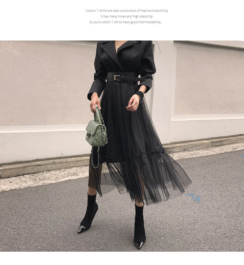 liwuka Elegant Blazer Dresses   Spring Casual Mesh Patchwork Notched Collar Long Sleeve With Belt Midi Dresses Big Swing Vestidos